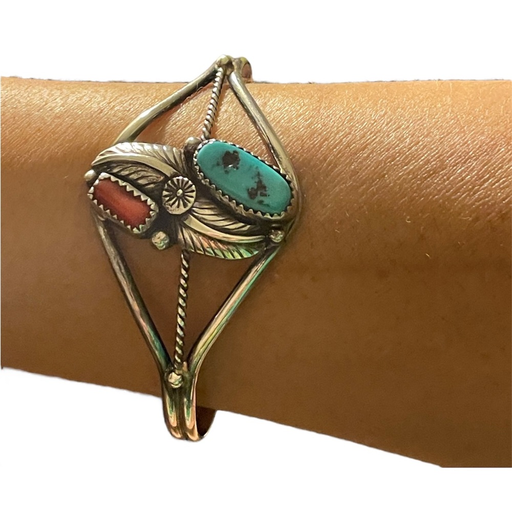 Jane Popovich Vintage Native American Sterling, Turquoise,  Coral Cuff Bracelet